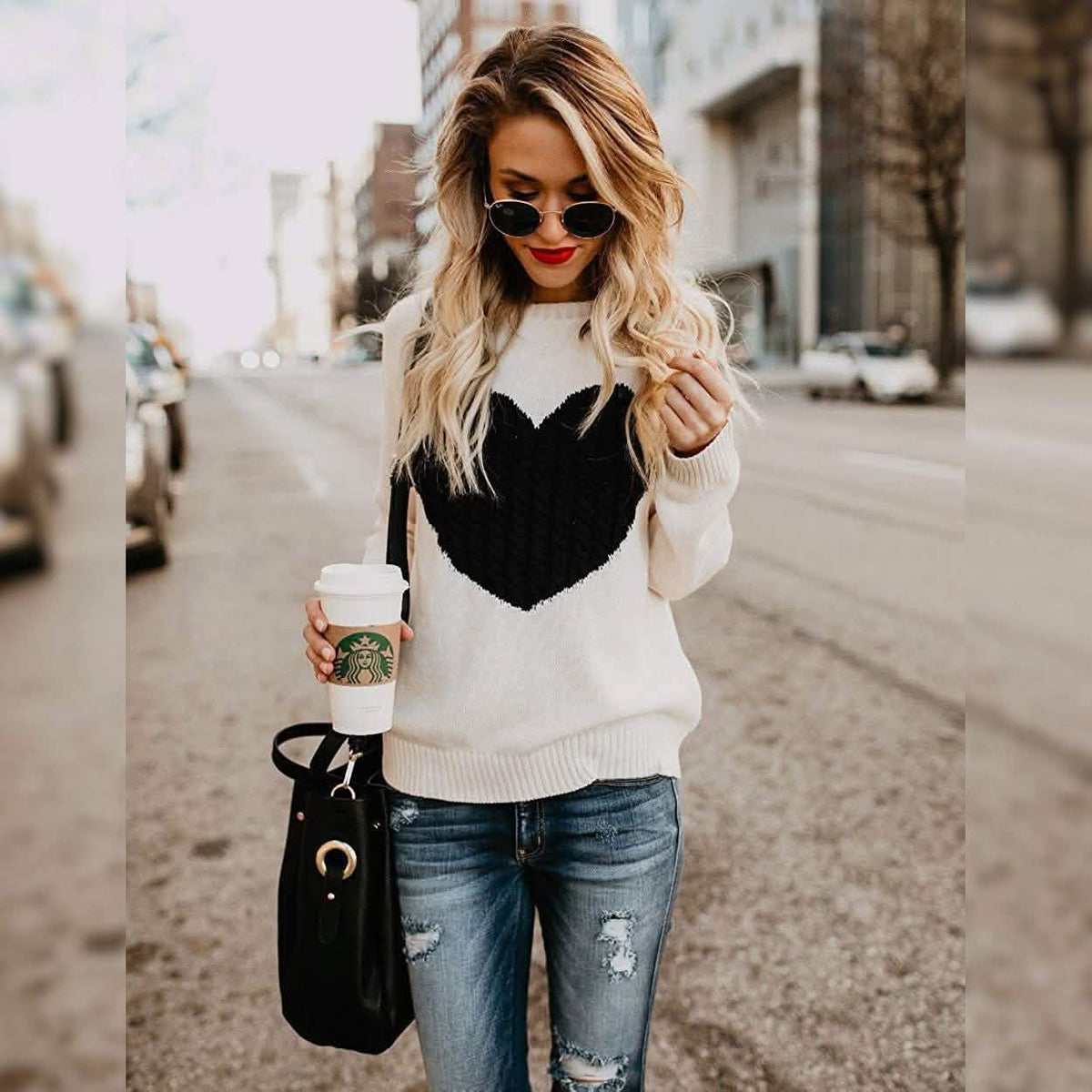 Women's Long Sleeve Crewneck Cute Heart Knitted Sweaters Women's Tops - Tophatter Daily Deals