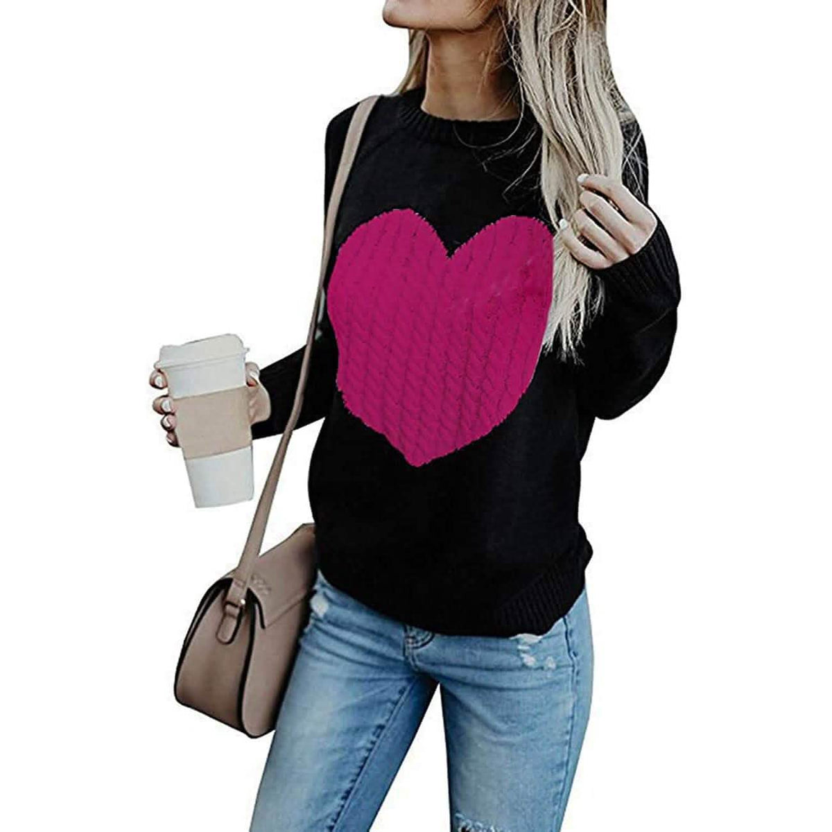 Women's Long Sleeve Crewneck Cute Heart Knitted Sweaters Women's Tops - Tophatter Daily Deals