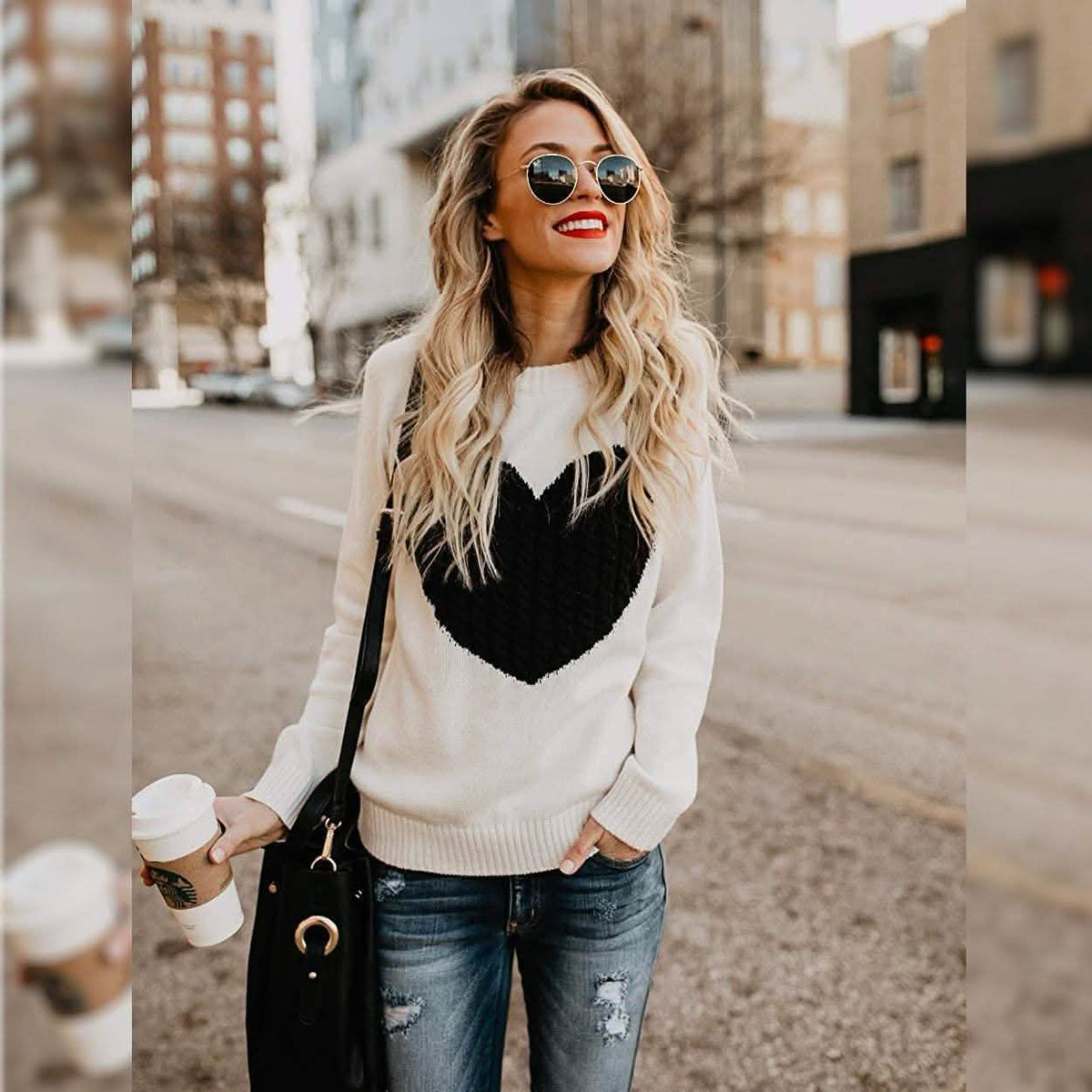 Women's Long Sleeve Crewneck Cute Heart Knitted Sweaters Women's Tops - Tophatter Daily Deals