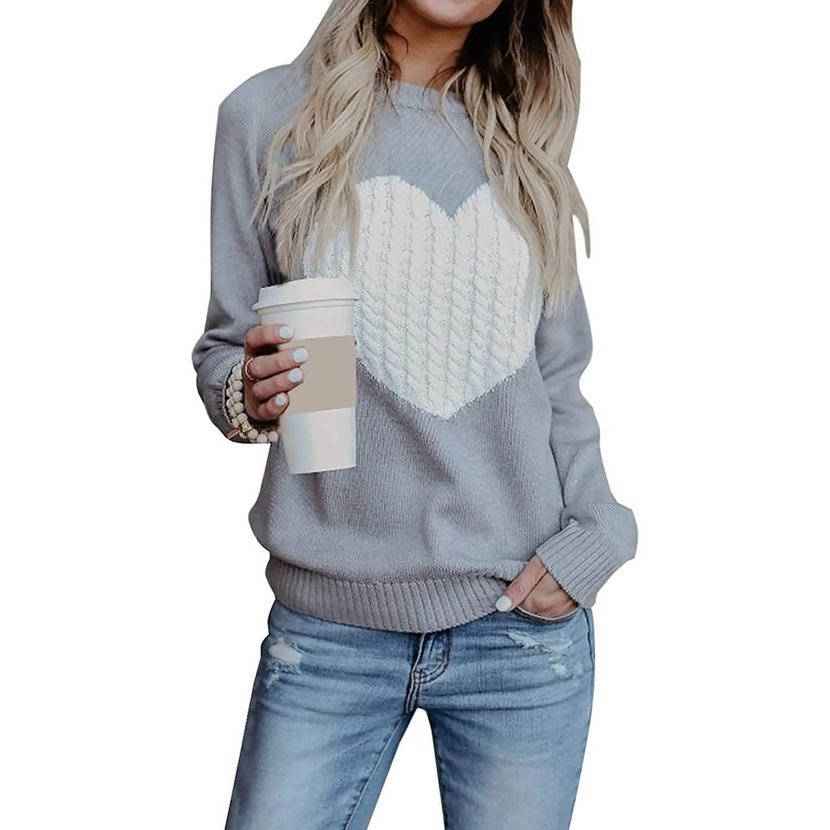 Women's Long Sleeve Crewneck Cute Heart Knitted Sweaters Gray Women's Tops - Tophatter Daily Deals