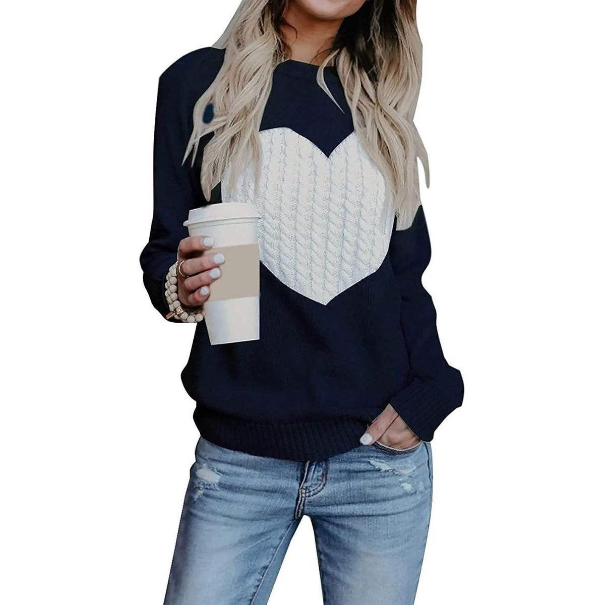 Women's Long Sleeve Crewneck Cute Heart Knitted Sweaters Navy Women's Tops - Tophatter Daily Deals