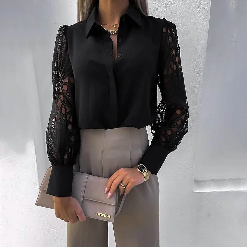 Women's Long Sleeve Cutout Lace Button Down Shirt Black Women's Tops - Tophatter Daily Deals