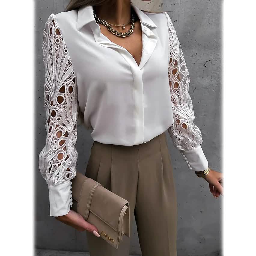 Women's Long Sleeve Cutout Lace Button Down Shirt Women's Tops - Tophatter Daily Deals