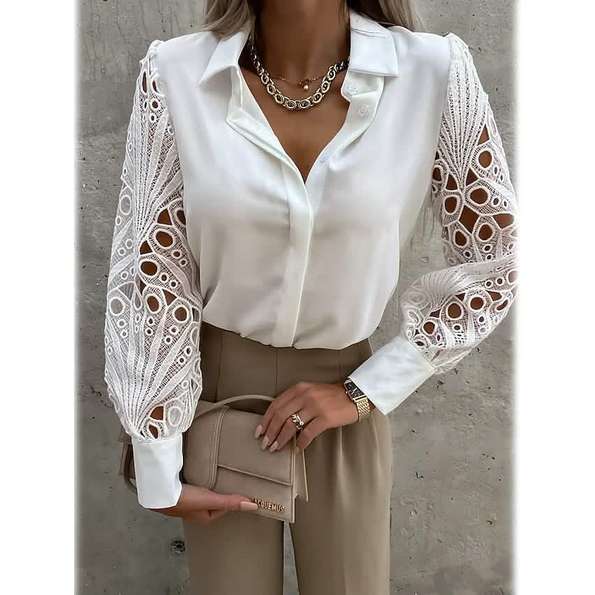 Women's Long Sleeve Cutout Lace Button Down Shirt White Women's Tops - Tophatter Daily Deals