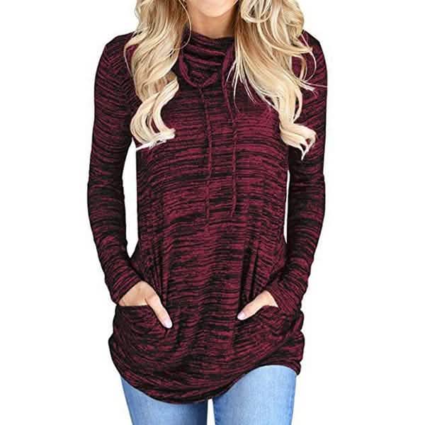 Women's Long Sleeve High Collar Tops Casual Tie Dye Sweatshirt Wine Red Women's Tops - Tophatter Daily Deals