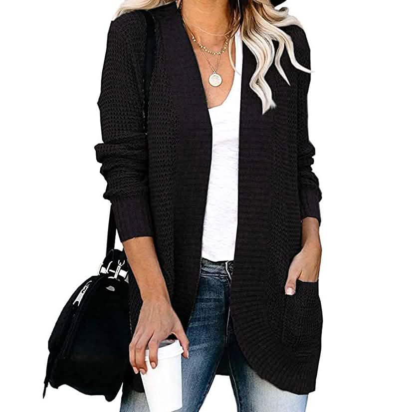 Women's Long Sleeve Knit Cardigan Sweater Black Women's Outerwear - Tophatter Daily Deals
