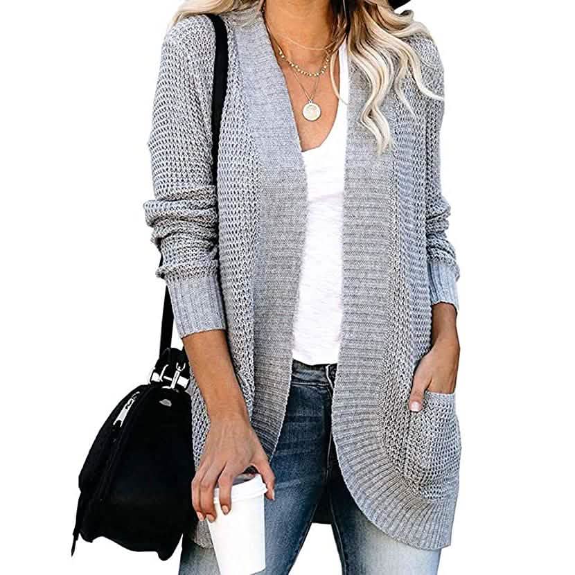 Women's Long Sleeve Knit Cardigan Sweater Gray Women's Outerwear - Tophatter Daily Deals