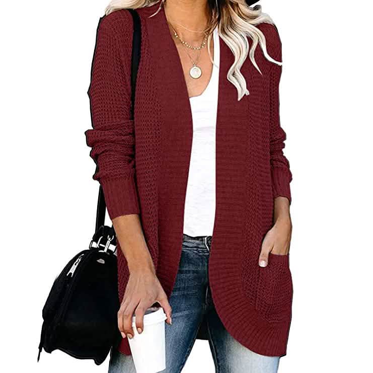 Women's Long Sleeve Knit Cardigan Sweater Wine Red Women's Outerwear - Tophatter Daily Deals