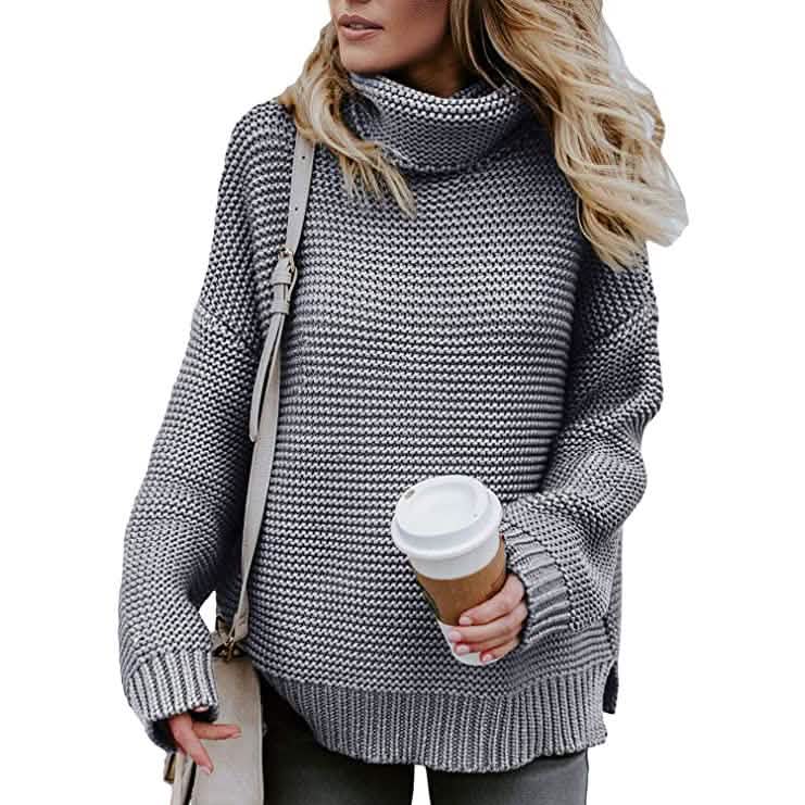 Women's Long Sleeve Knit Pullover Chunky Turtleneck Sweater Top Gray Women's Tops - Tophatter Daily Deals