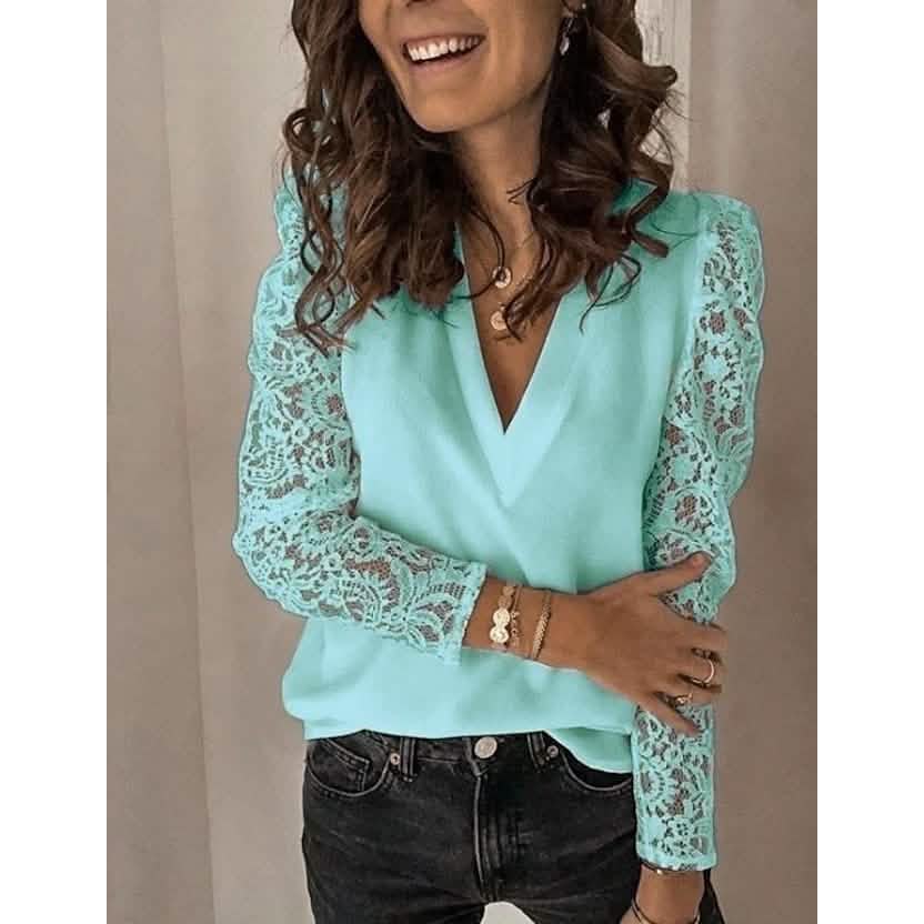 Women's Long Sleeve Lace Patchwork V Neck Top Blue Women's Tops - Tophatter Daily Deals