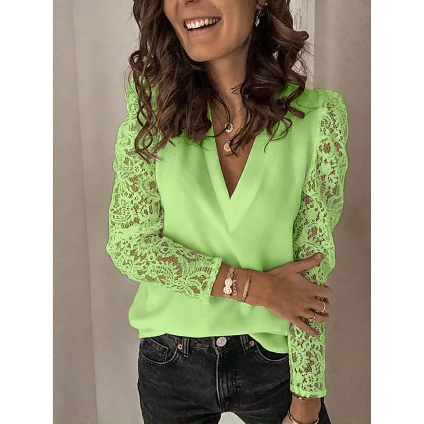 Women's Long Sleeve Lace Patchwork V Neck Top Green Women's Tops - Tophatter Daily Deals