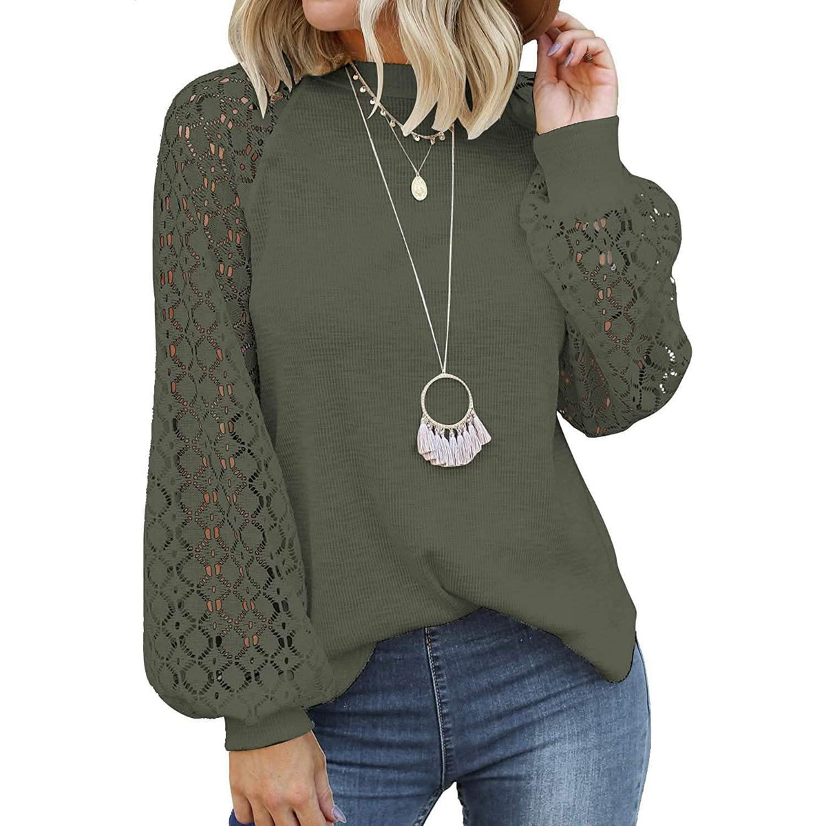 Women's Long Sleeve Lace Top Army Green Women's Tops - Tophatter Daily Deals