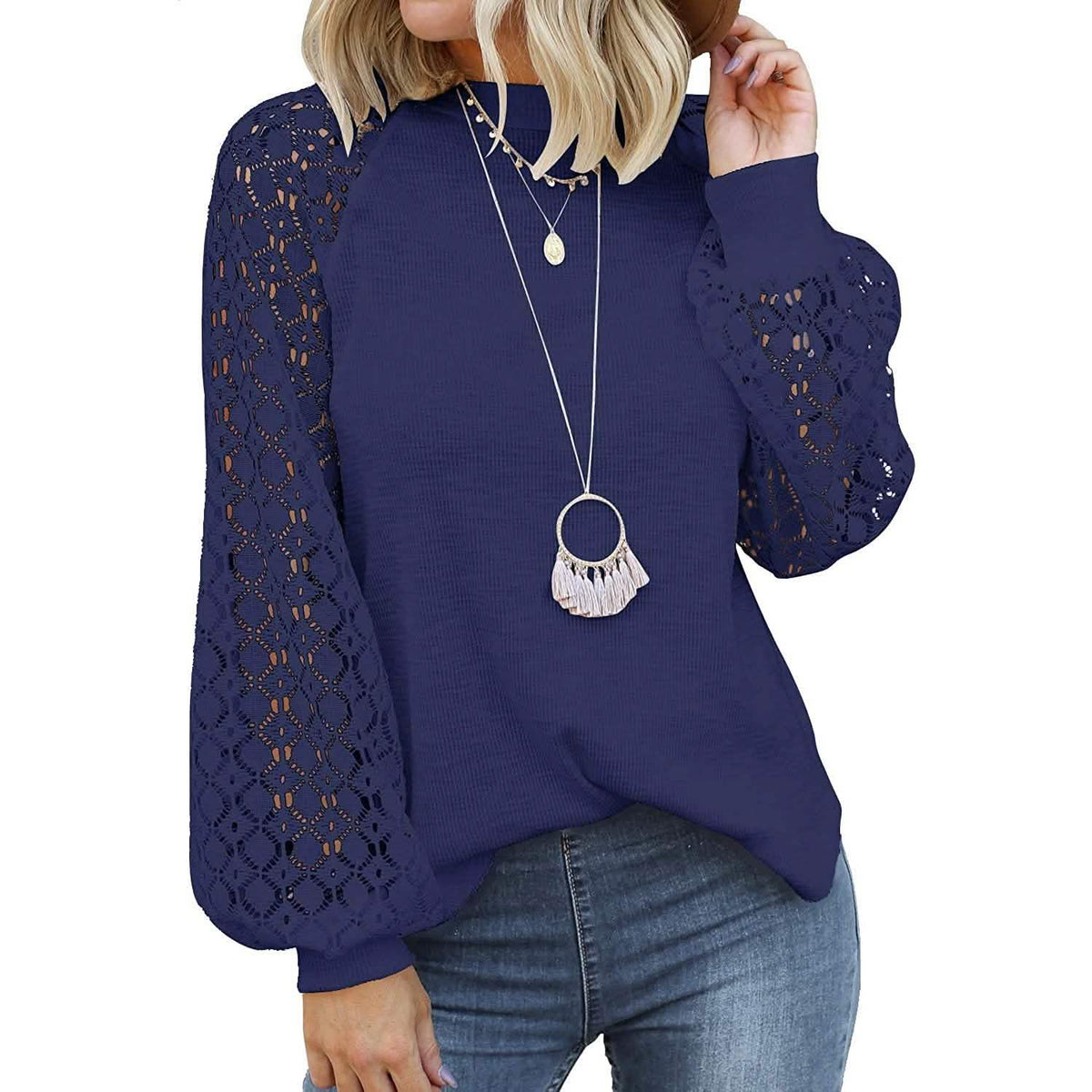 Women's Long Sleeve Lace Top Navy Women's Tops - Tophatter Daily Deals