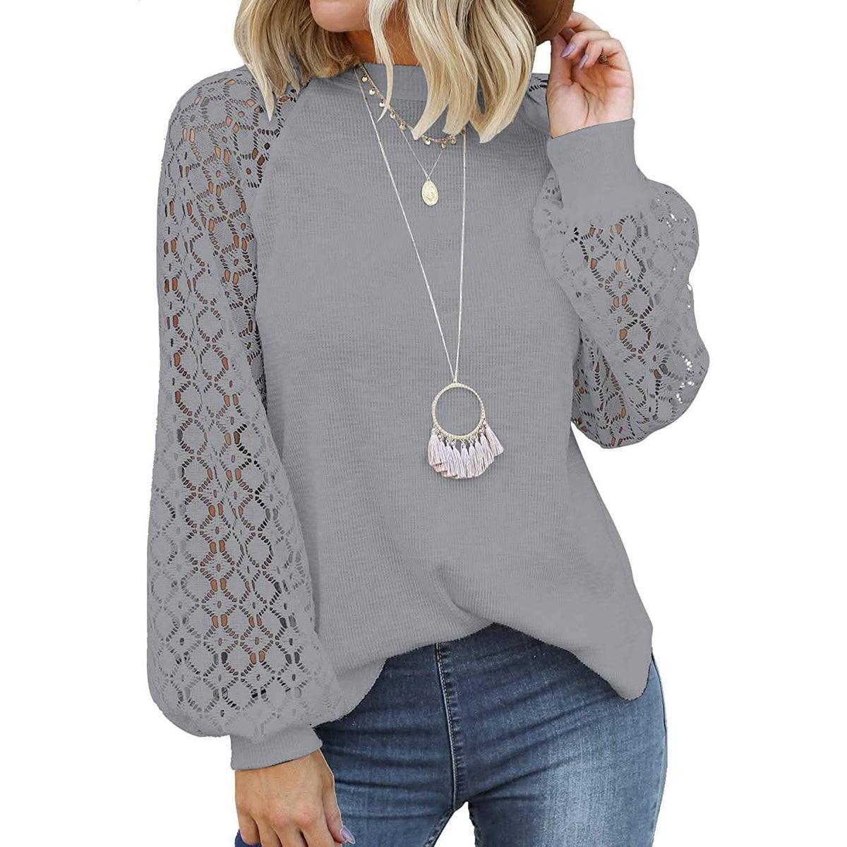 Women's Long Sleeve Lace Top Gray Women's Tops - Tophatter Daily Deals