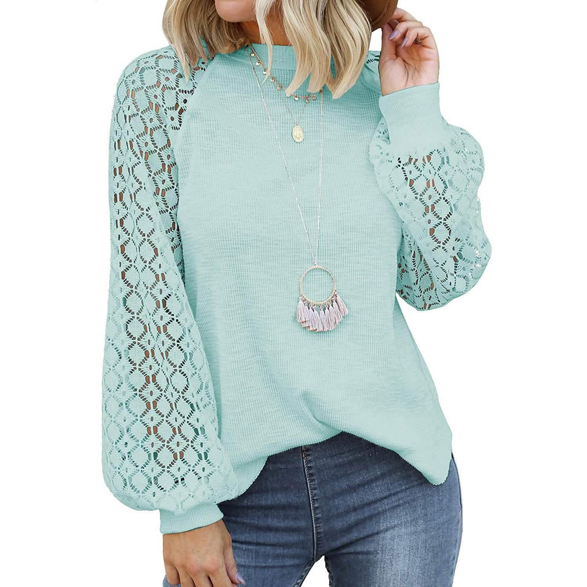 Women's Long Sleeve Lace Top Lake Blue Women's Tops - Tophatter Daily Deals