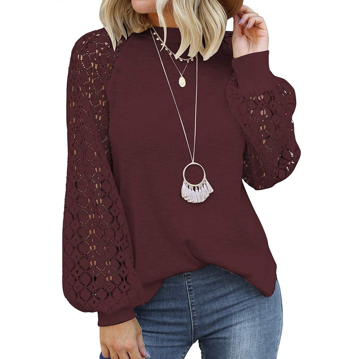 Women's Long Sleeve Lace Top Wine Red Women's Tops - Tophatter Daily Deals