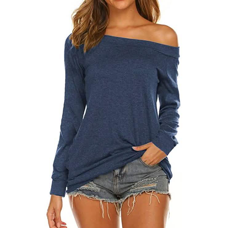 Women's Long Sleeve Off Shoulder Top Dark Blue Women's Tops - Tophatter Daily Deals
