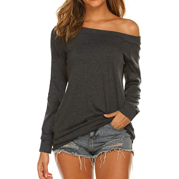 Women's Long Sleeve Off Shoulder Top Dark Gray Women's Tops - Tophatter Daily Deals