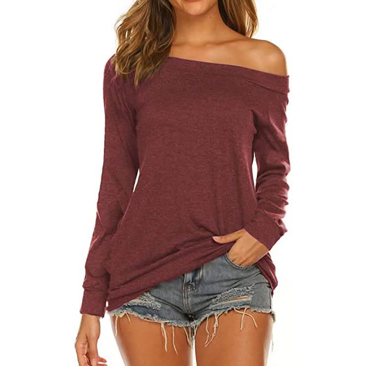 Women's Long Sleeve Off Shoulder Top Wine Red Women's Tops - Tophatter Daily Deals