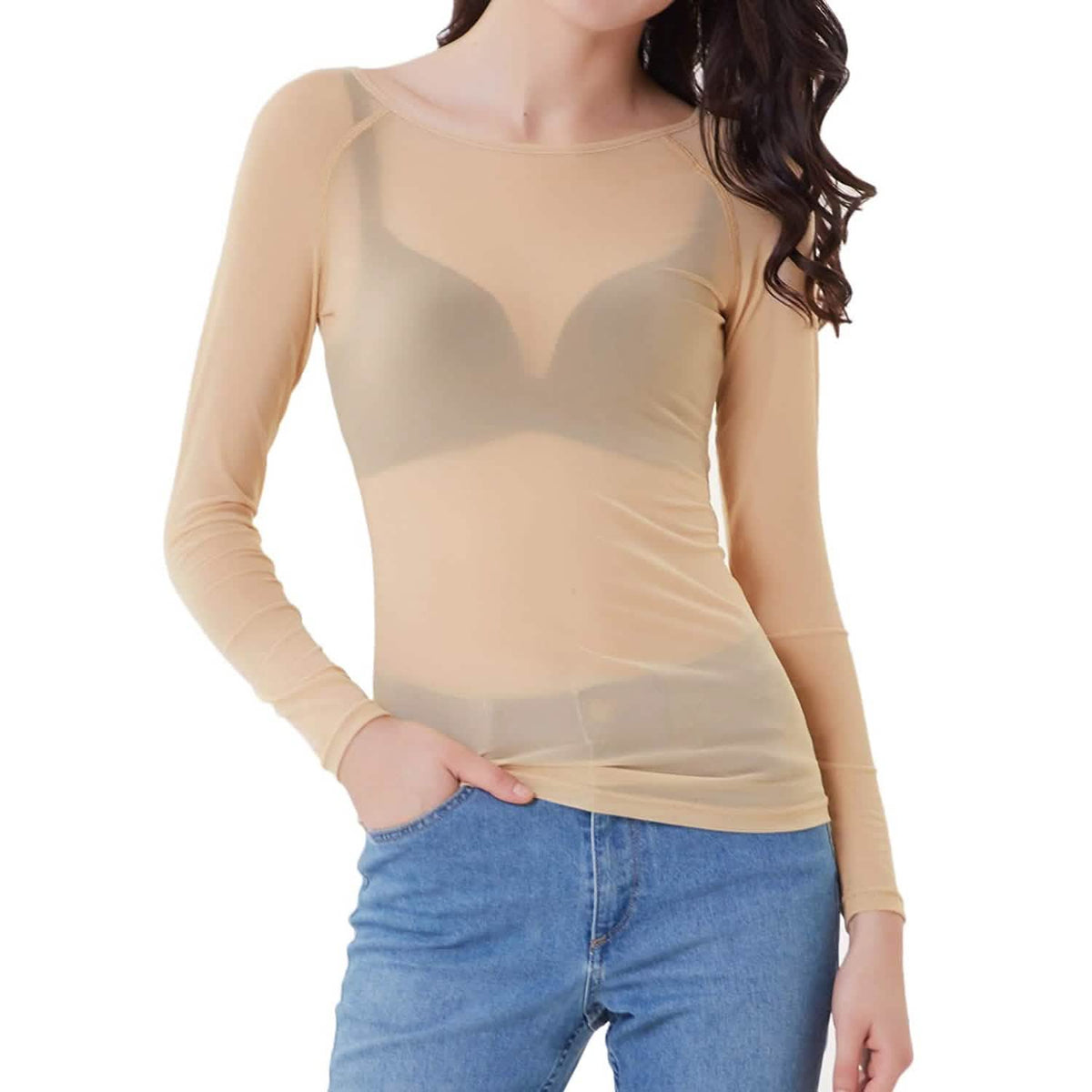 Women's Long Sleeve Sheer Mesh Sheer Top Nude Women's Tops - Tophatter Daily Deals