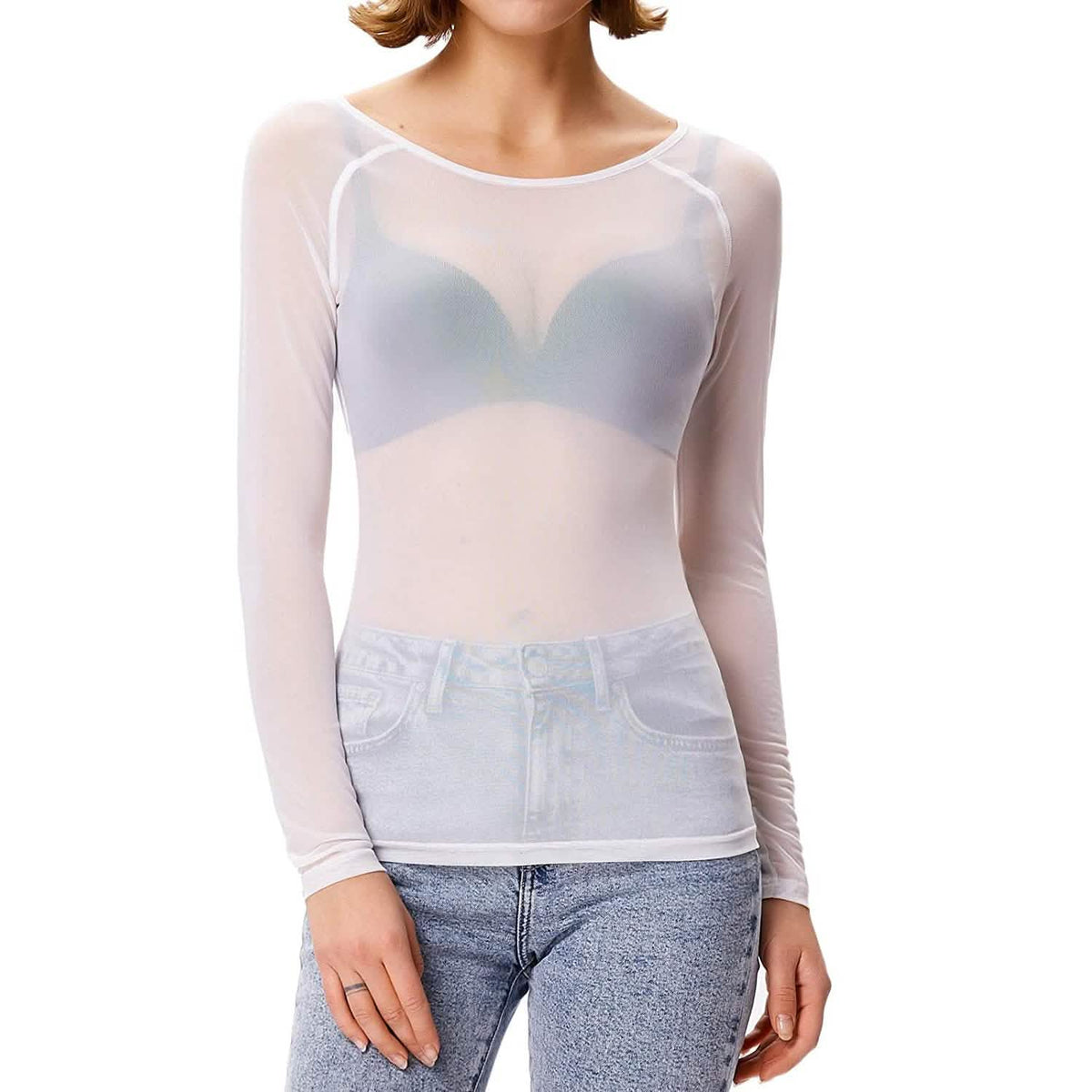 Women's Long Sleeve Sheer Mesh Sheer Top White Women's Tops - Tophatter Daily Deals