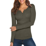 Women's Long Sleeve V Neck Ribbed Button Down Knit Sweater Fitted Top Army Green Women's Tops - Tophatter Daily Deals