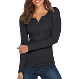 Women's Long Sleeve V Neck Ribbed Button Down Knit Sweater Fitted Top Black Women's Tops - Tophatter Daily Deals