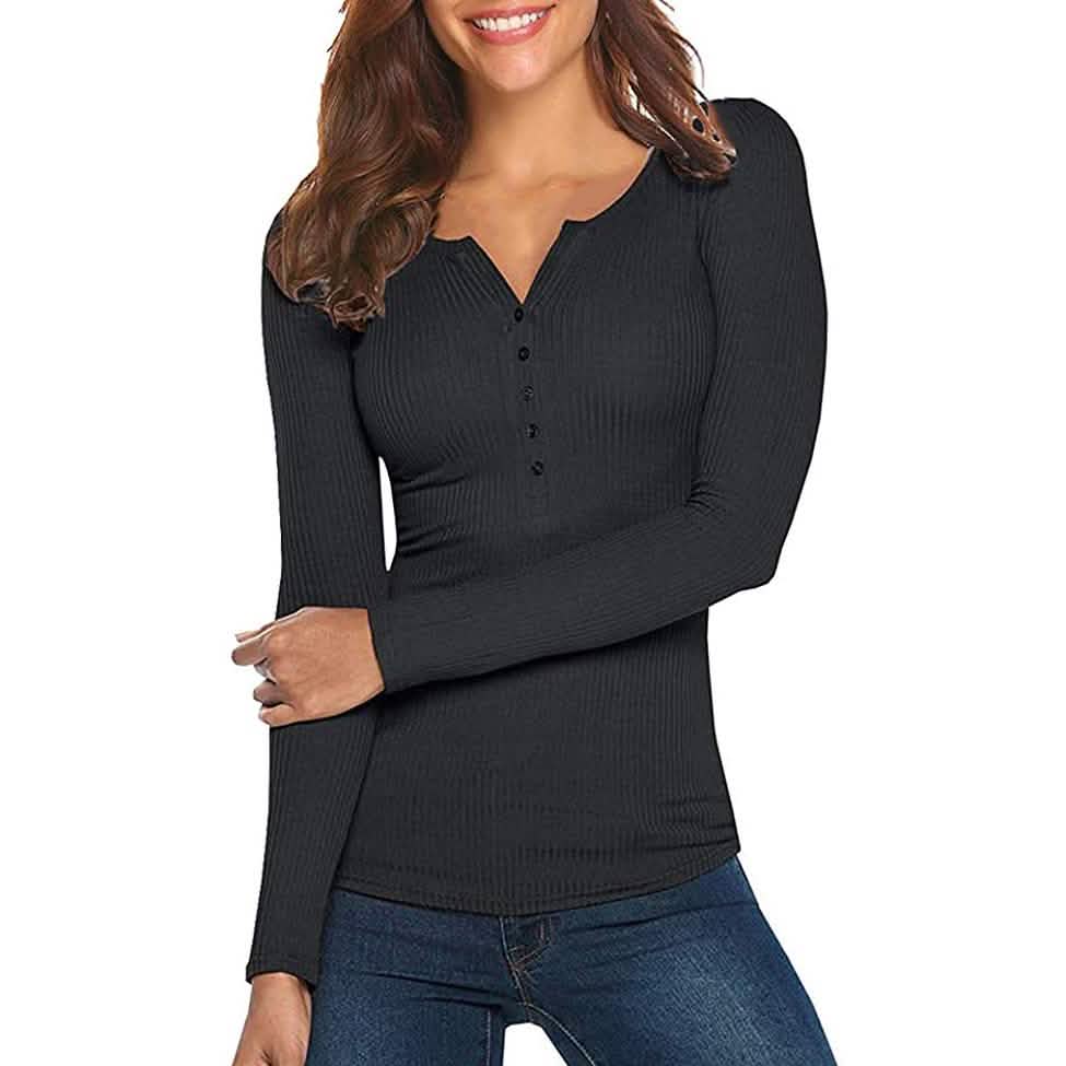 Women's Long Sleeve V Neck Ribbed Button Down Knit Sweater Fitted Top Black Women's Tops - Tophatter Daily Deals