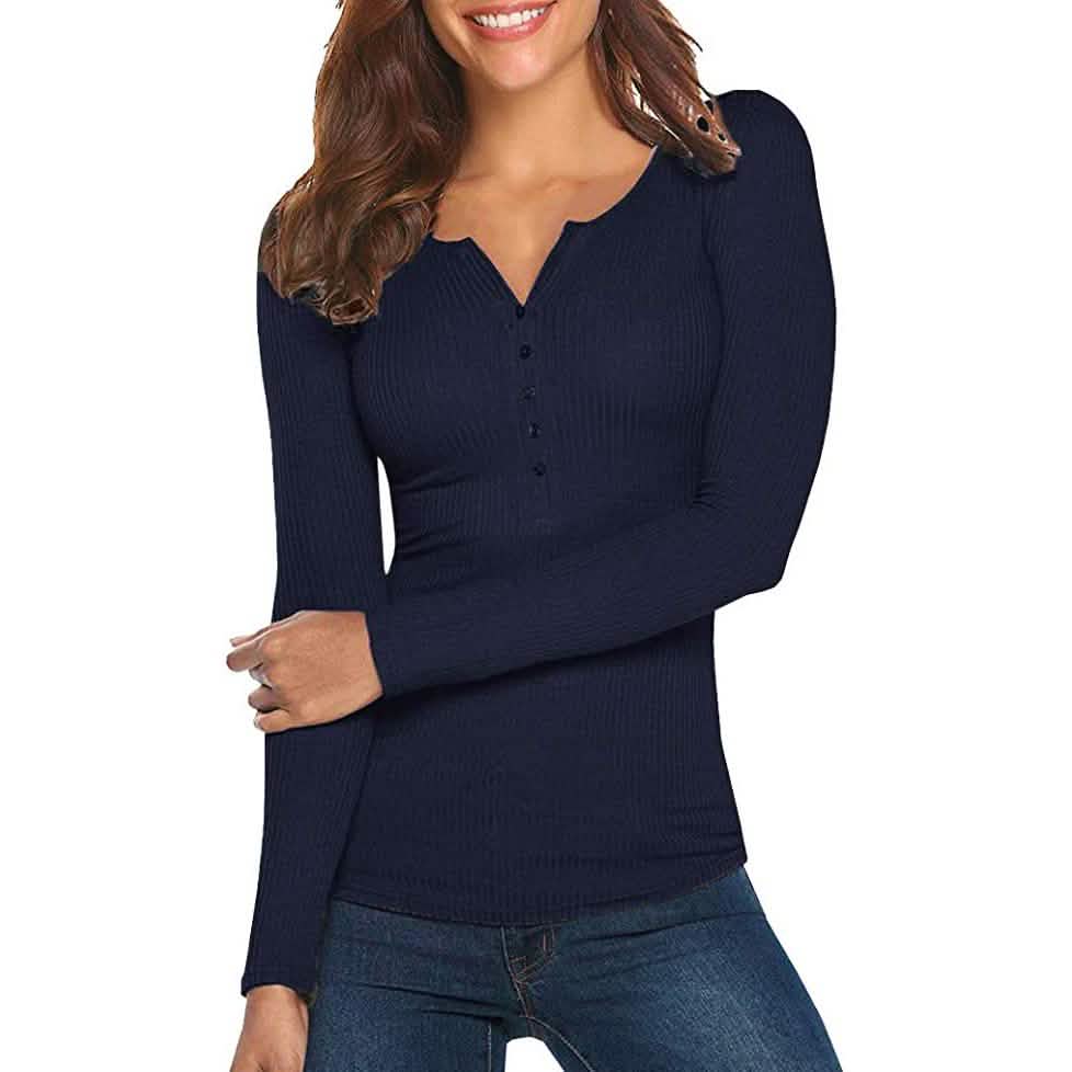 Women's Long Sleeve V Neck Ribbed Button Down Knit Sweater Fitted Top Navy Women's Tops - Tophatter Daily Deals