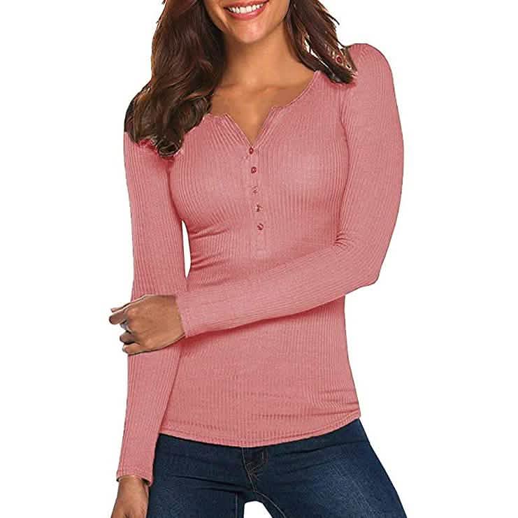Women's Long Sleeve V Neck Ribbed Button Down Knit Sweater Fitted Top Pink Women's Tops - Tophatter Daily Deals