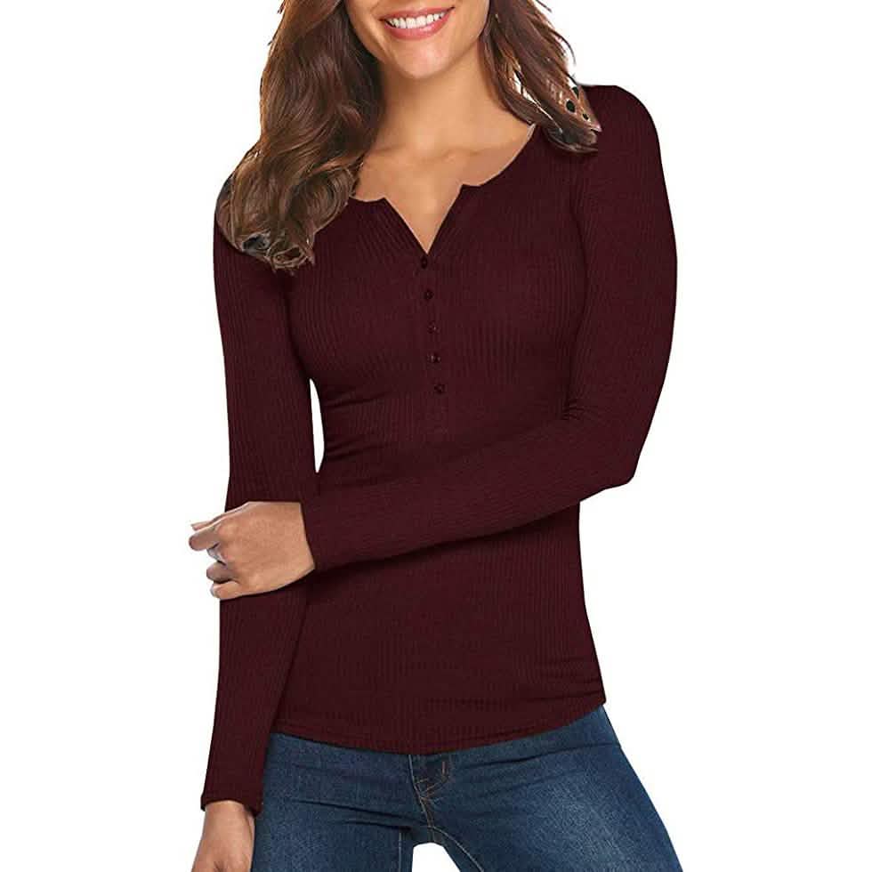 Women's Long Sleeve V Neck Ribbed Button Down Knit Sweater Fitted Top Wine Red Women's Tops - Tophatter Daily Deals