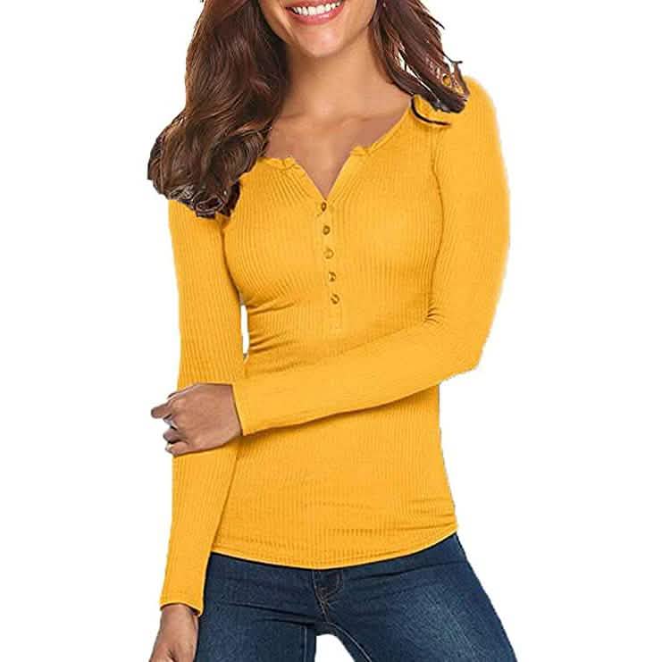 Women's Long Sleeve V Neck Ribbed Button Down Knit Sweater Fitted Top Yellow Women's Tops - Tophatter Daily Deals