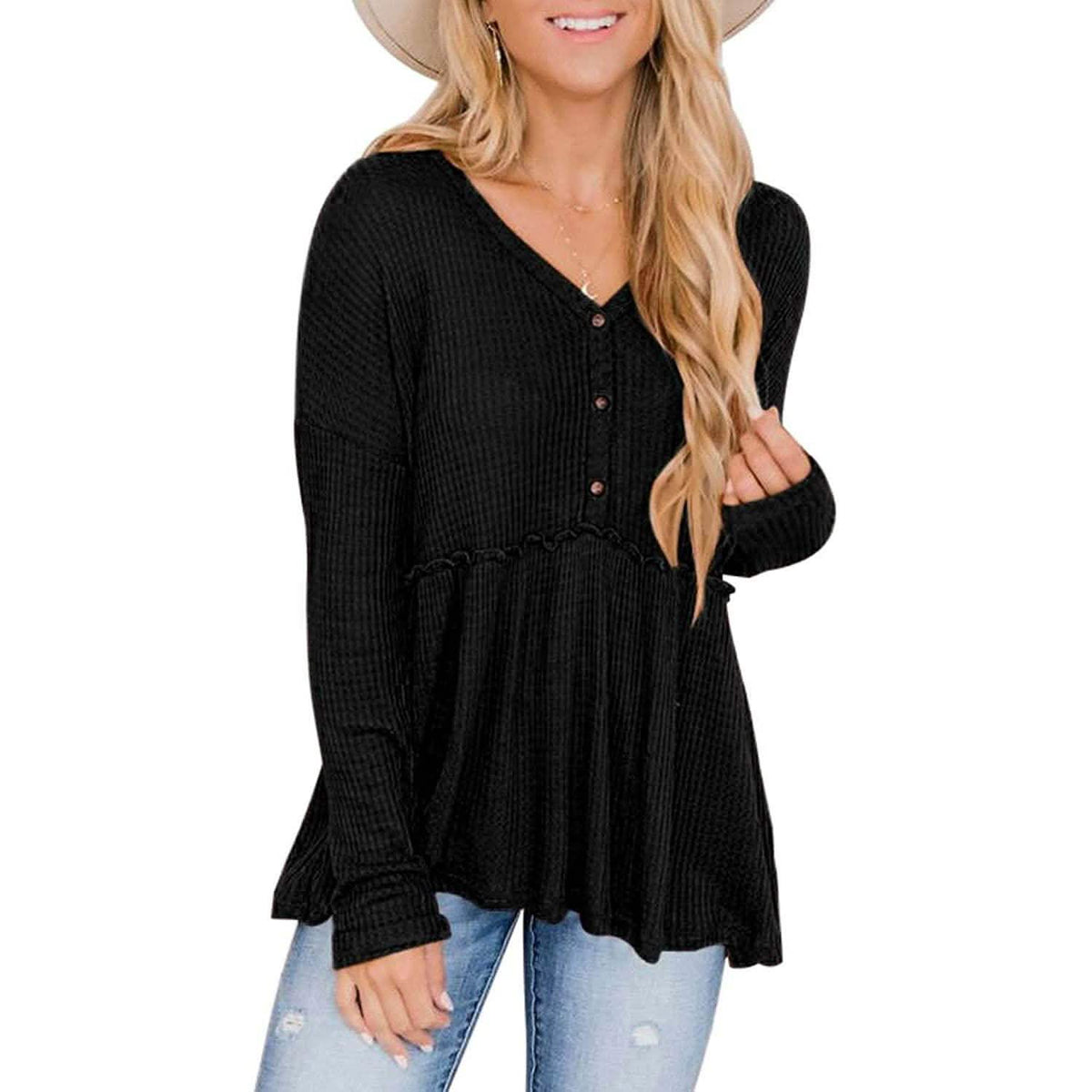 Women's Long Sleeve V Neck Ruffle Babydoll Tunic Tops Black Women's Tops - Tophatter Daily Deals