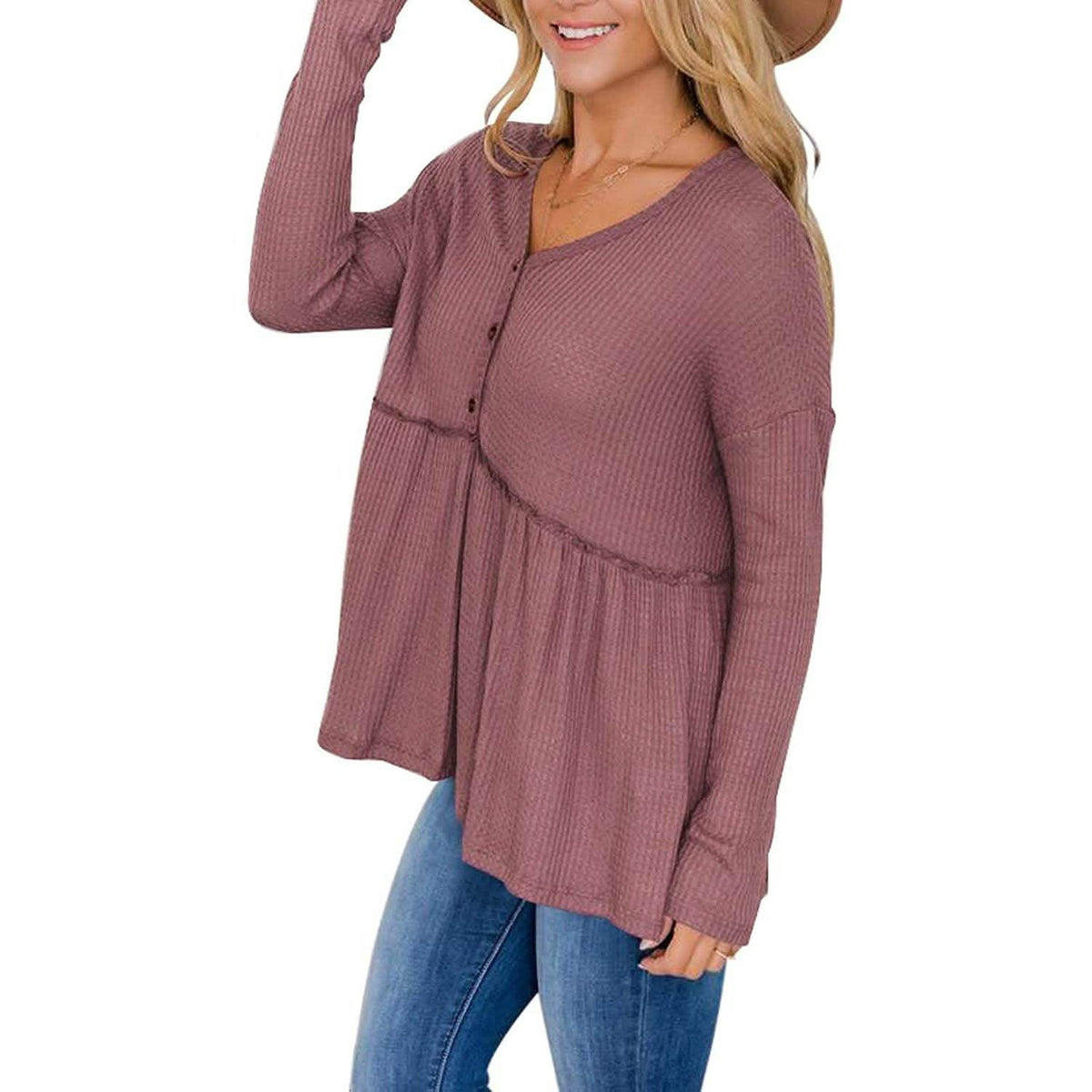 Women's Long Sleeve V Neck Ruffle Babydoll Tunic Tops Women's Tops - Tophatter Daily Deals