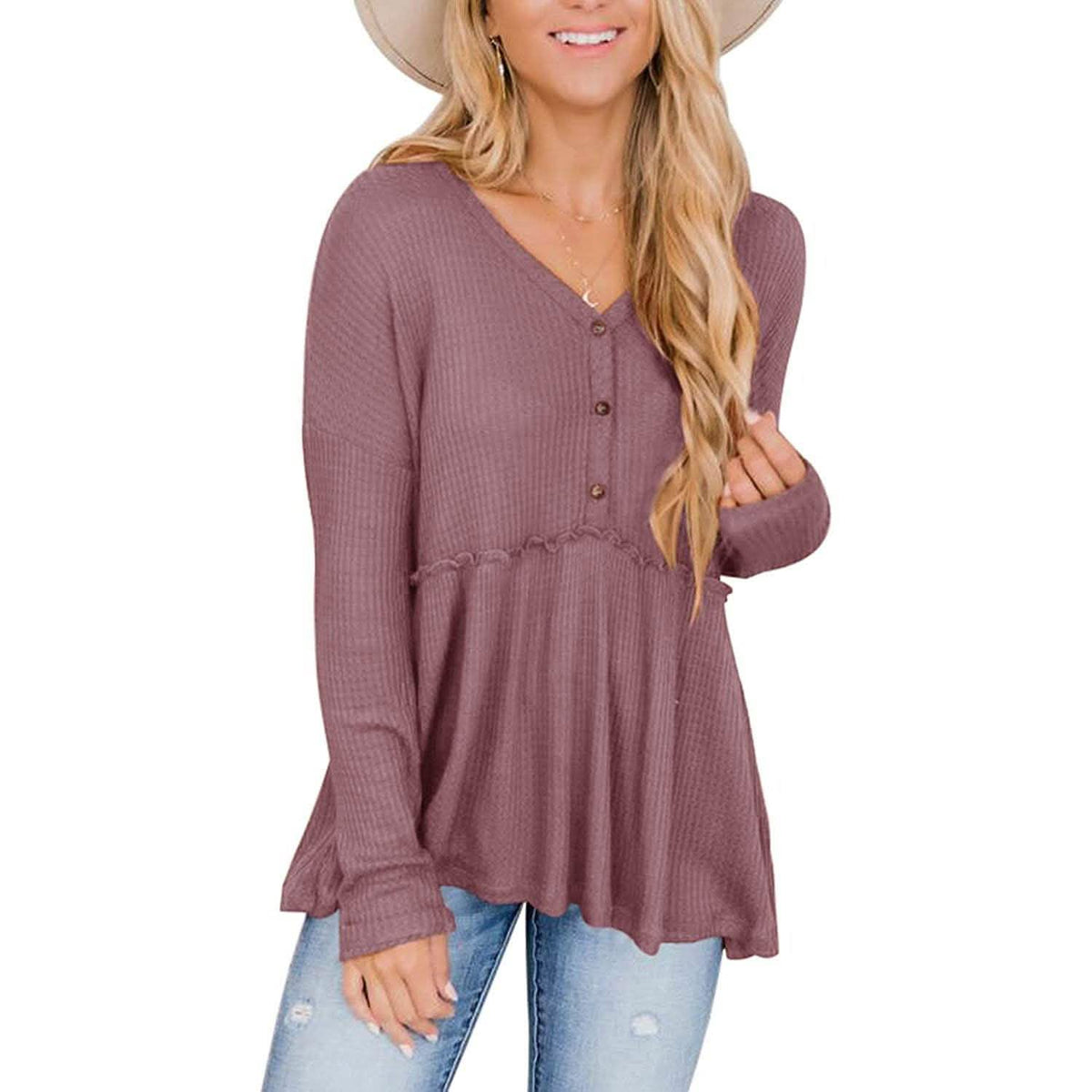 Women's Long Sleeve V Neck Ruffle Babydoll Tunic Tops Purple Women's Tops - Tophatter Daily Deals