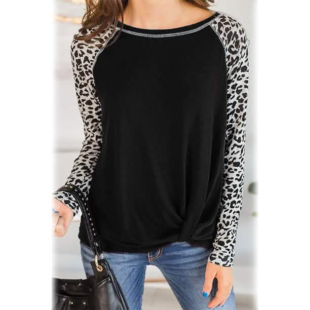 Women's Long Sleeved Leopard Print Twist Top Black Women's Tops - Tophatter Daily Deals