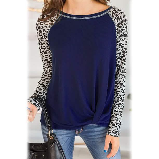 Women's Long Sleeved Leopard Print Twist Top Dark Blue Women's Tops - Tophatter Daily Deals