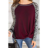 Women's Long Sleeved Leopard Print Twist Top Wine Red Women's Tops - Tophatter Daily Deals