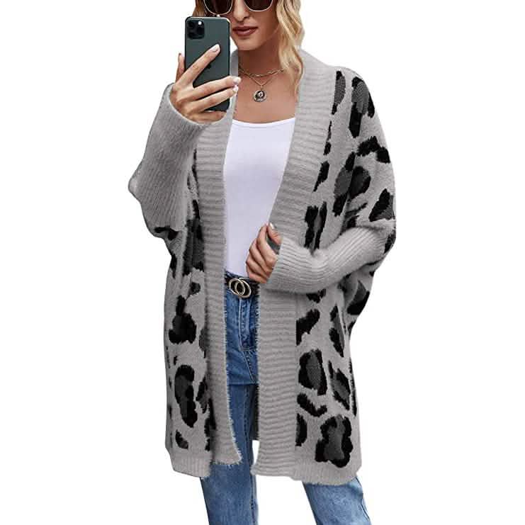 Women's Long Sleeves Leopard Print Knitting Cardigan Gray Women's Outerwear - Tophatter Daily Deals