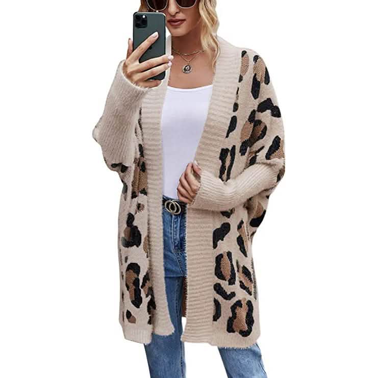 Women's Long Sleeves Leopard Print Knitting Cardigan Khaki Women's Outerwear - Tophatter Daily Deals