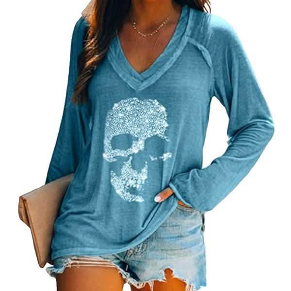 Women's Loose Skull Printed Long Sleeved V-neck Shirts Cotton Tops Blue Women's Tops - Tophatter Daily Deals