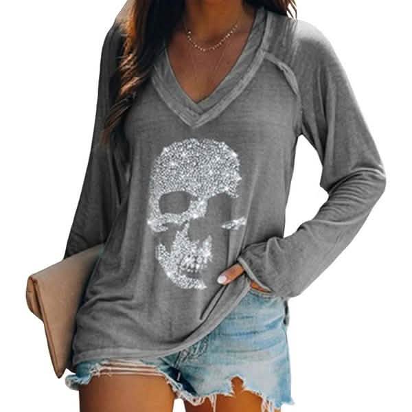 Women's Loose Skull Printed Long Sleeved V-neck Shirts Cotton Tops Gray Women's Tops - Tophatter Daily Deals