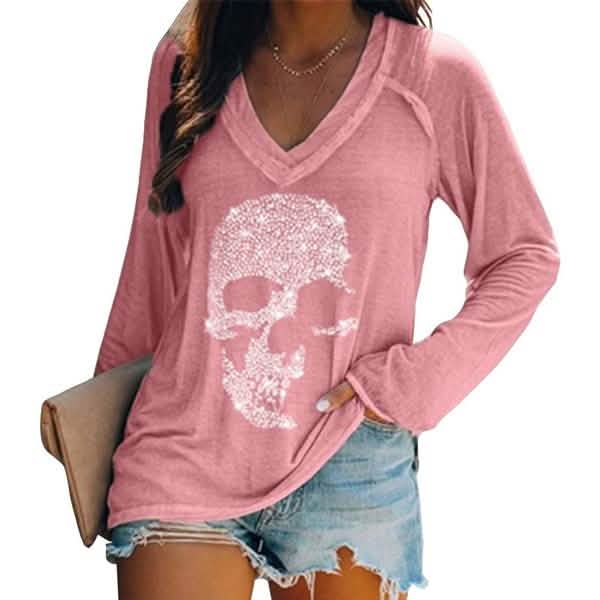 Women's Loose Skull Printed Long Sleeved V-neck Shirts Cotton Tops Pink Women's Tops - Tophatter Daily Deals