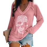 Women's Loose Skull Printed Long Sleeved V-neck Shirts Cotton Tops Pink Women's Tops - Tophatter Daily Deals