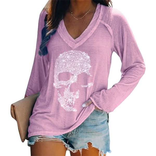 Women's Loose Skull Printed Long Sleeved V-neck Shirts Cotton Tops Purple Women's Tops - Tophatter Daily Deals