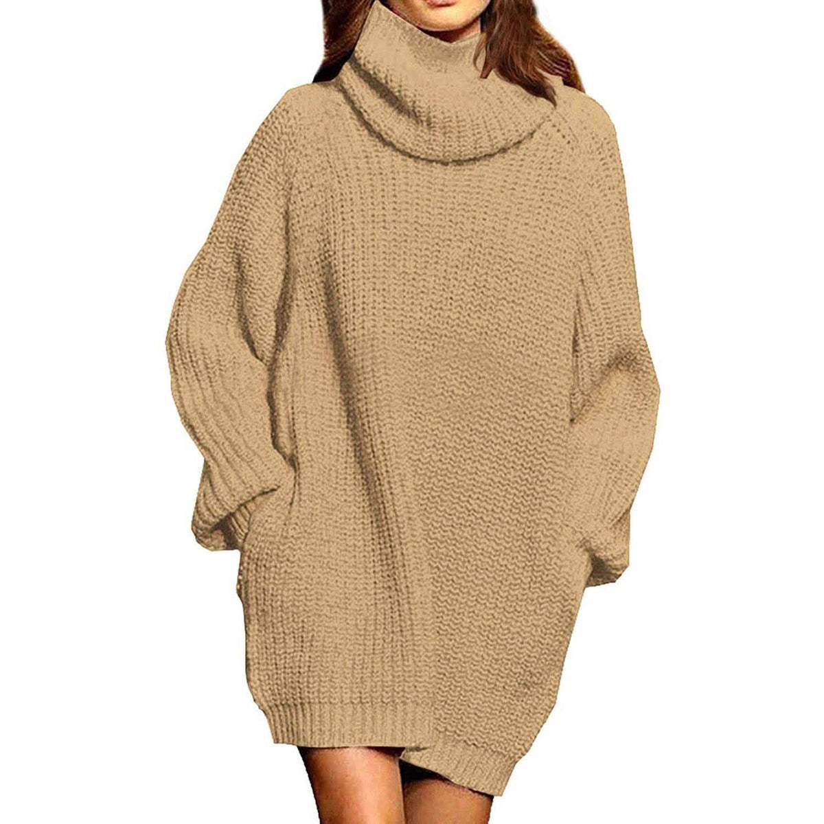 Women's Loose Turtleneck Oversize Long Pullover Sweater Dress Apricot Women's Dresses - Tophatter Daily Deals