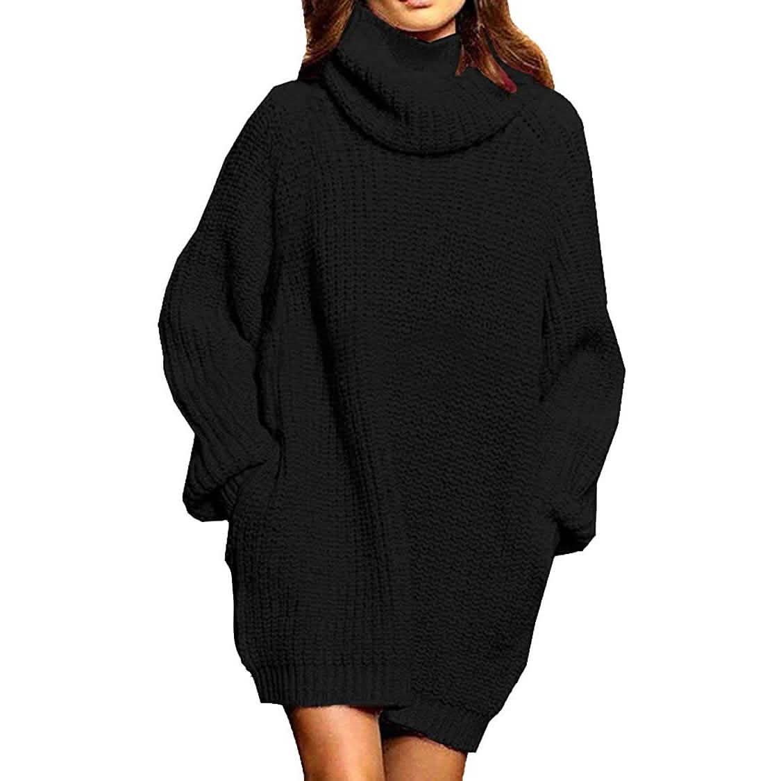 Women's Loose Turtleneck Oversize Long Pullover Sweater Dress Black Women's Dresses - Tophatter Daily Deals