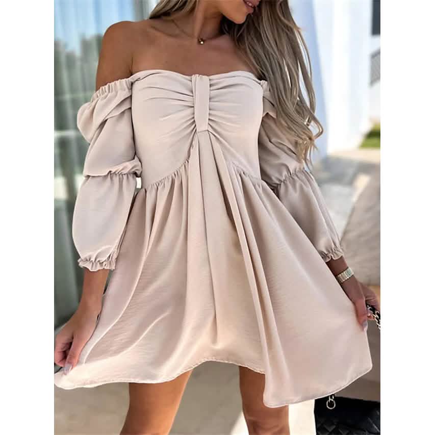 Women's Off Shoulder Casual Puff Sleeve Dress Beige Women's Dresses - Tophatter Daily Deals