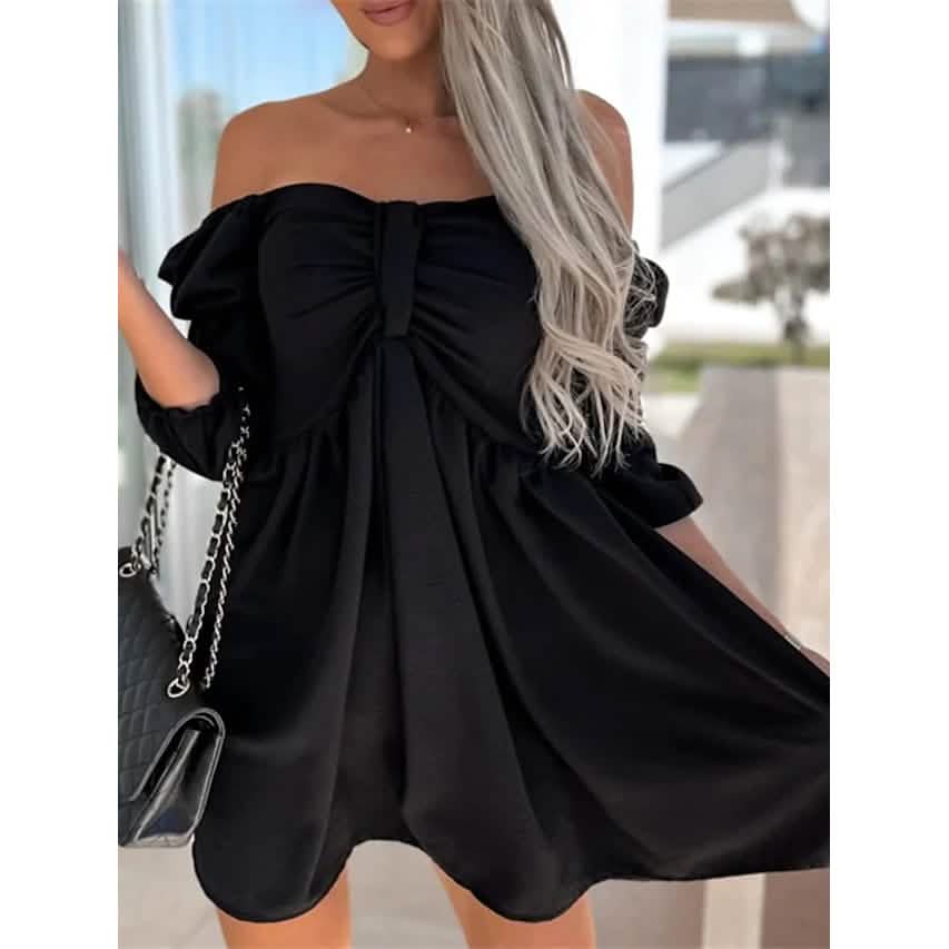 Women's Off Shoulder Casual Puff Sleeve Dress Black Women's Dresses - Tophatter Daily Deals