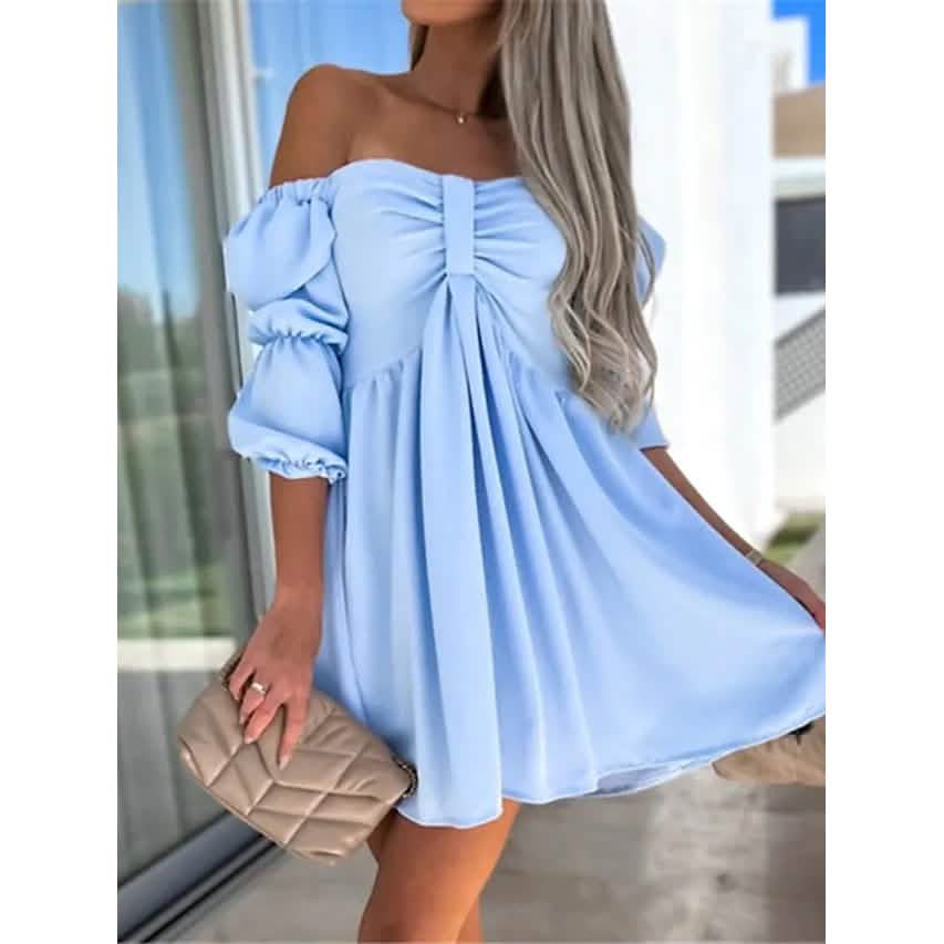 Women's Off Shoulder Casual Puff Sleeve Dress Light Blue Women's Dresses - Tophatter Daily Deals